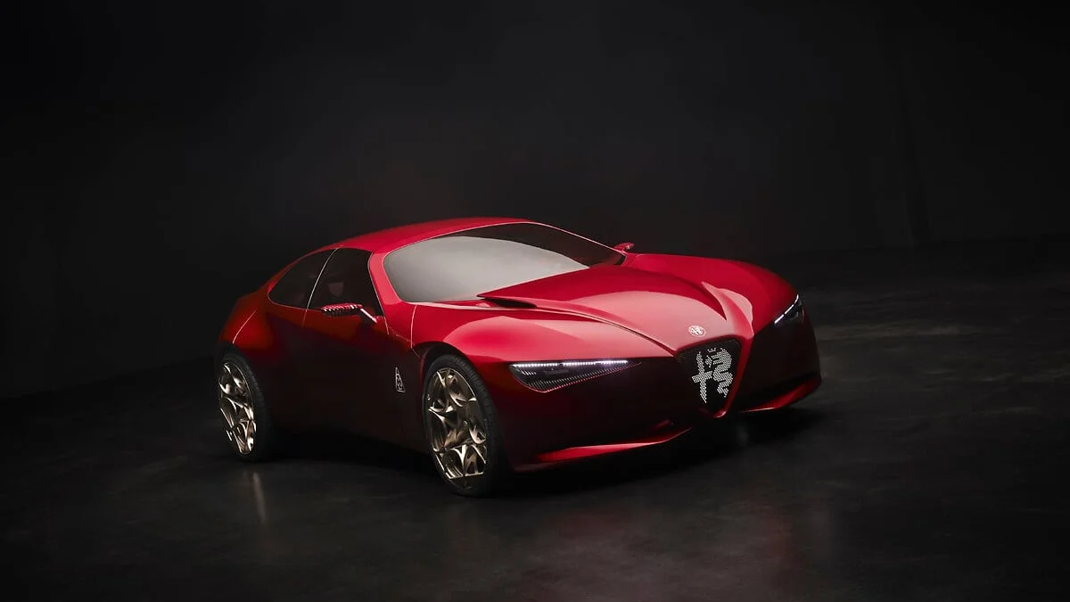 Rode Alfa Romeo Cuorerosso conceptauto van schuin voren in een donkere studio, met verlichte driehoekige grille