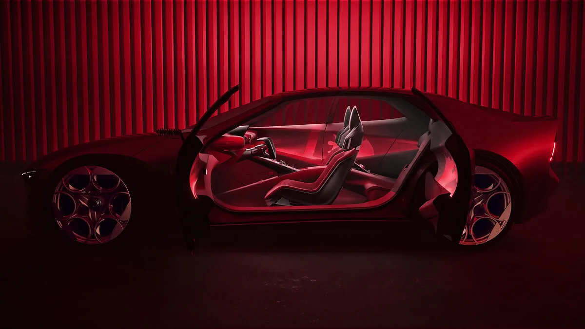 Zijaanzicht van de rode Alfa Romeo Cuorerosso met open portieren en zicht op vier losse stoelen