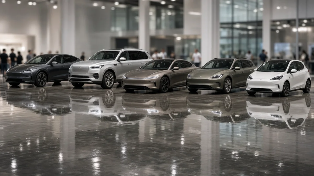 Vijf moderne auto's zonder logo op een rij in een lichte autoshowhal, van elektrische SUV-coupé tot kleine hatchback, weerspiegeld in de glanzende vloer