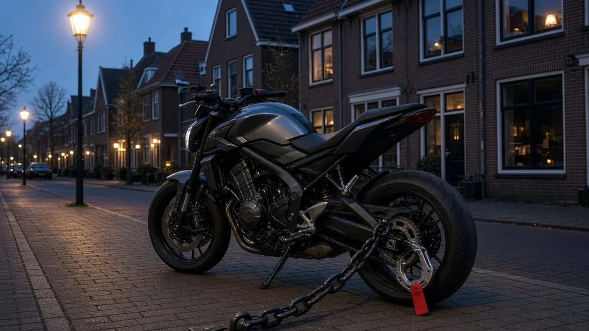Motor 's avonds geparkeerd in een Nederlandse woonstraat, met een kettingslot door het achterwiel vast aan een grondanker