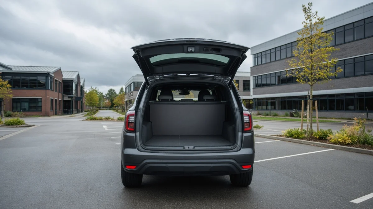 Grijze SUV zonder logo met open achterklep, lege vlakke laadvloer en tussenwand achter de voorstoelen, op een bedrijventerrein