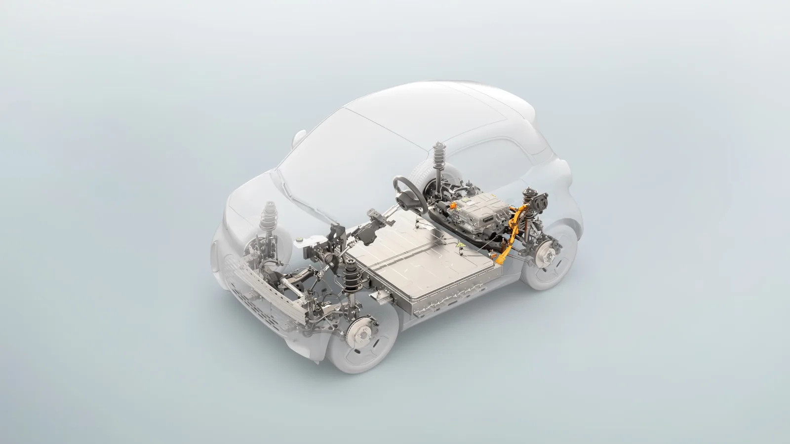 Doorzichtige tekening van de smart #2 met het ECA-platform, de accu in de vloer en de motor achterin